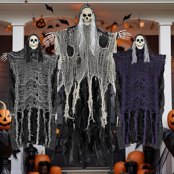 Halloween Decorations Outdoor/Indoor,Set of 3 Scary Hanging Ghosts,Halloween Grim Reaper Skeleton, Scary Party Decorations,Haunted House Decor for Yard/Lawn/Garden.