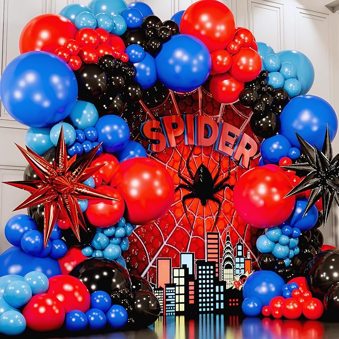ALL-IN-1 Spider Balloon Arch Kit with BONUS Starburst for Spidy Birthday Decorations - Red Blue Spider Balloons for Spidy Man Party Decorations - Miles Birthday Decoration, Spidey Balloons