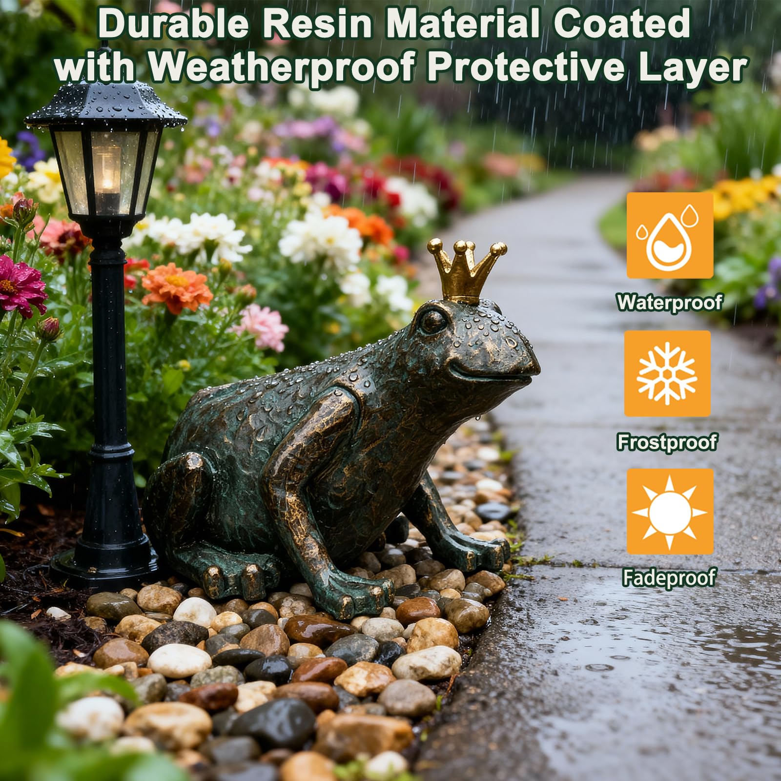Lune cle Crouching Frog Prince Garden Statue, Yard Decorations Outdoor Decor, Weather-Resistant Animal Figurines & Sculptures for Patio & Porch, 11.5" L×8" H