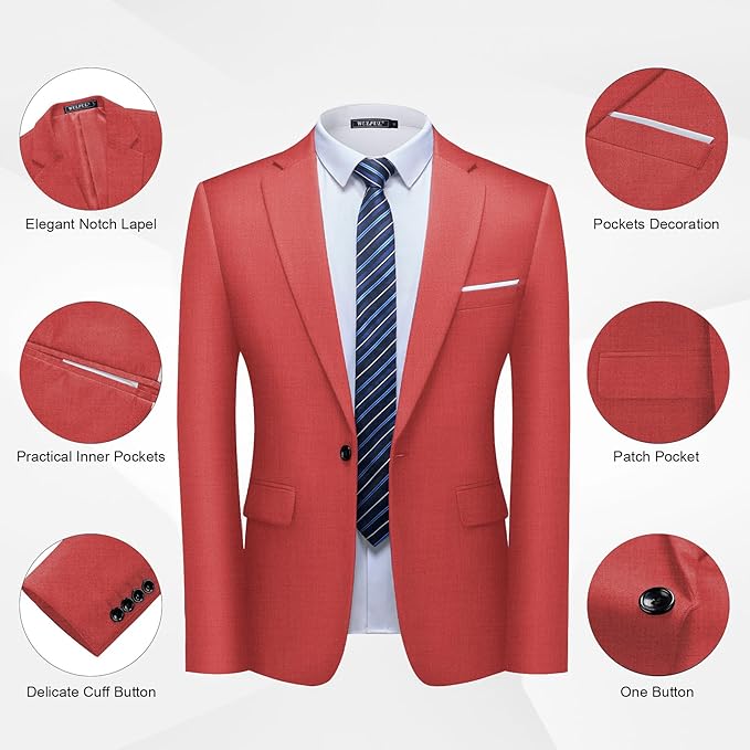 WULFUL Men's 2 Piece Slim Fit Suit Set One Button Blazer Jacket Pants Tuxedo Set for Party, Wedding and Business