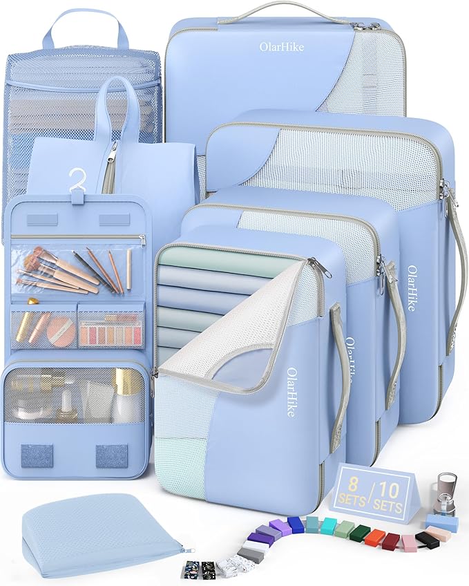 8 Set Packing Cubes for Travel, Gifts for Women Mom,Anti-Tearing Suitcase Organizer for Luggage with Shoe & Hanging Toiletry Bag,OlarHike Vacation Essentials & Accessories for Cruise Ship