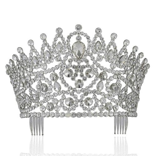 Janefashions Sexy Beauty Queen Clear White Austrian Rhinestone Crystal Large Tiara Crown Hair Combs Jewelry Headpiece Pageant T2178 (Silver Plated With Combs)