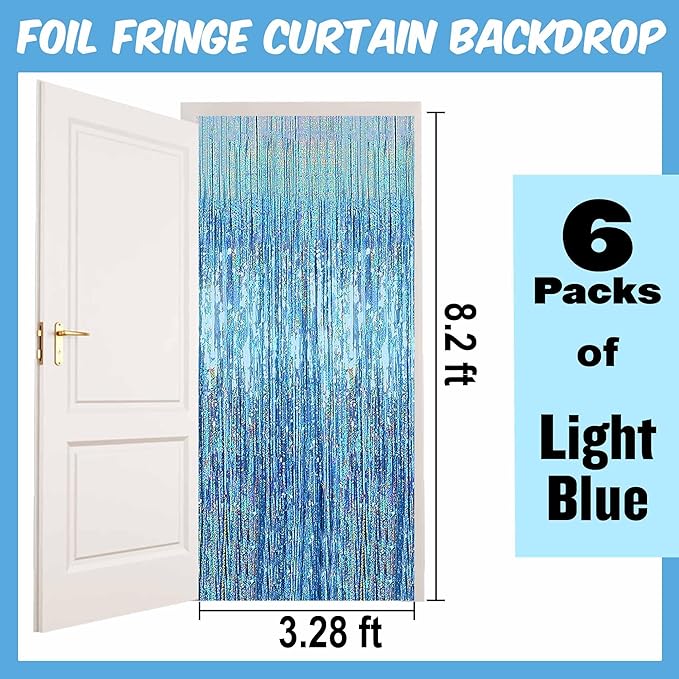 6 Pack Light Blue Foil Fringe Curtains Backdrop, 3.28 x 8.2 Ft Metallic Streamers Tinsel Curtains Background for Photo Booth, Birthday, Christmas, Halloween, Thanksgiving, New Year Party Decorations