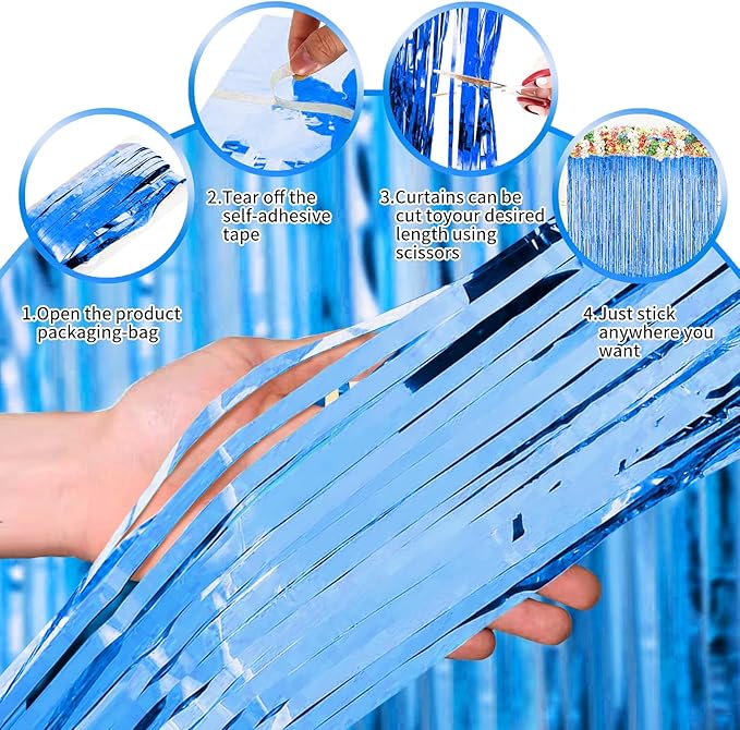 3Pack Blue Foil Fringe Curtain Backdrop - 3.3ft x 8.3ft Metallic Tinsel Photo Booth Decor for Bluey Birthday Decorations