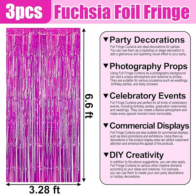 3 Pack Rose Red Foil Fringe Curtain Backdrop, 3.28Ft x 6.6Ft Metallic Tinsel Foil Fringe Streamer Curtains for Photo Booth, Christmas Day, Thanksgiving, Wedding, New Year Party Decorations