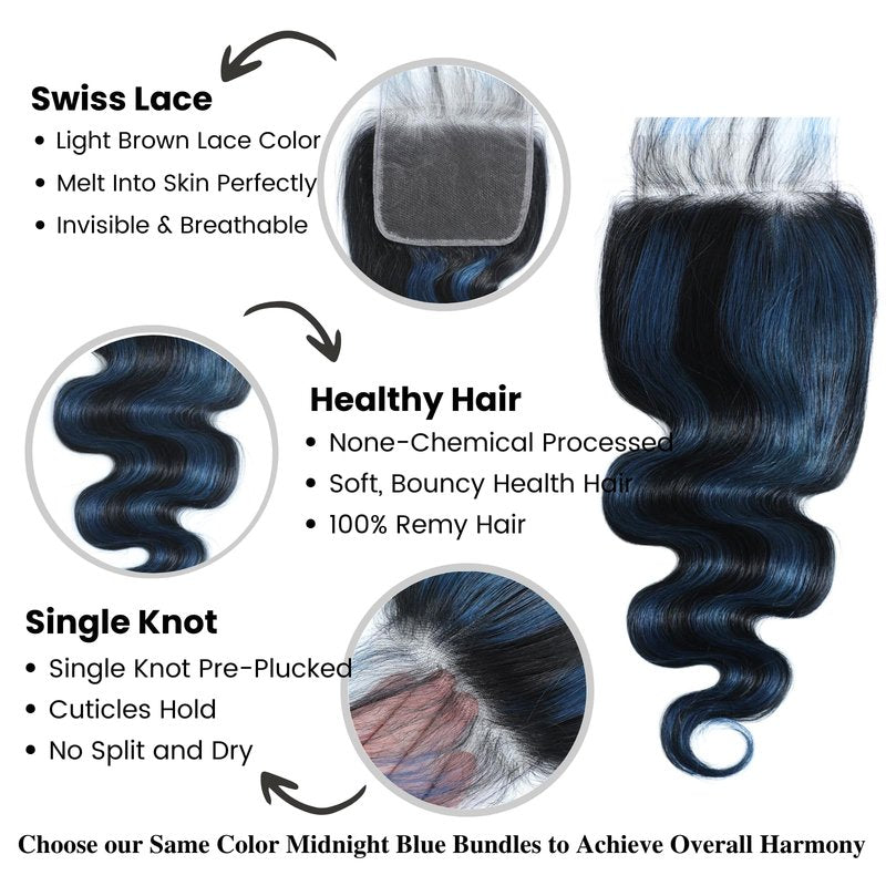 ALHER Black Mix Blue Highlight Body Wave 4x4 Lace Closure, 12A #1B/Blue Colored Closure Free Part Pre Plucked with Baby Hair, 100% Virgin Remy Human Hair for Black Women 150% Density 10 Inch
