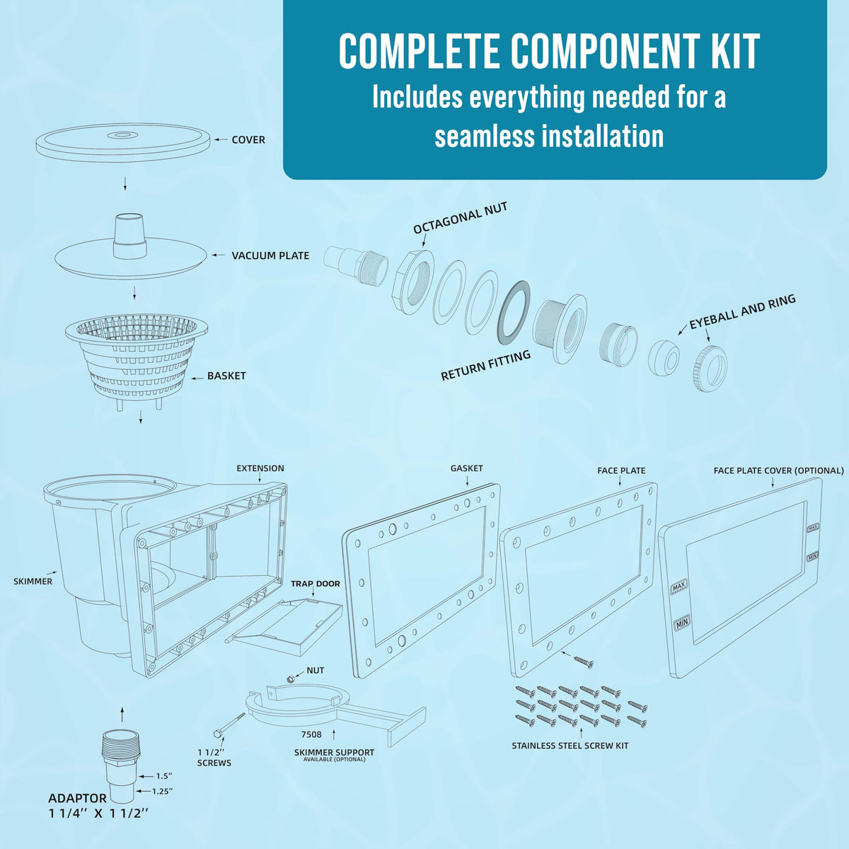 U.S. Pool Supply Wide Mouth Thru-Wall Above Ground Pool Skimmer Kit - ABS Construction, Complete Universal Set, Return Fitting, Vacuum Plate, Leaf Basket - Replacement Compatible with SP1091WM Skimmer