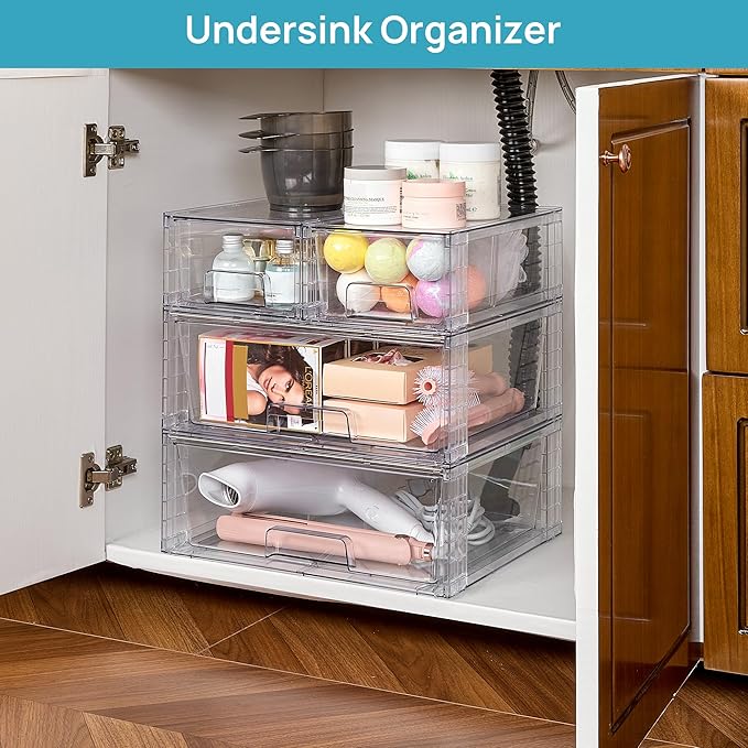 Vtopmart Clear Stackable Storage Drawers Set of 6, Easily Assemble Acrylic Bathroom Undersink Organizers,Plastic Storage Bins for Closet,Cabinet,Pantry,Medicine Organization