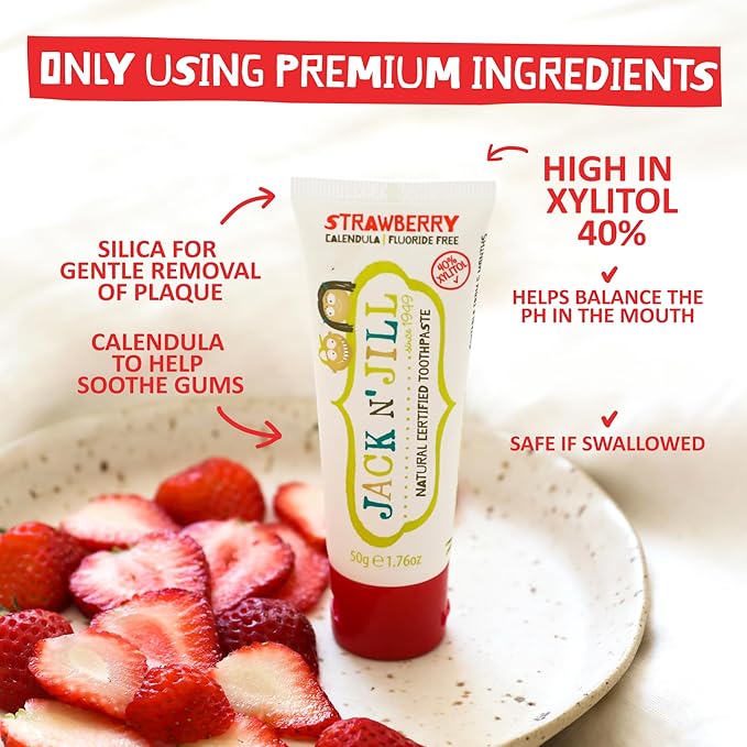 Jack N' Jill Natural Toothpaste for Kids - Fluoride Free Toothpaste, 40% Xylitol, BPA Free - Blackcurrant & Strawberry, 1.76 oz (2 Pack)