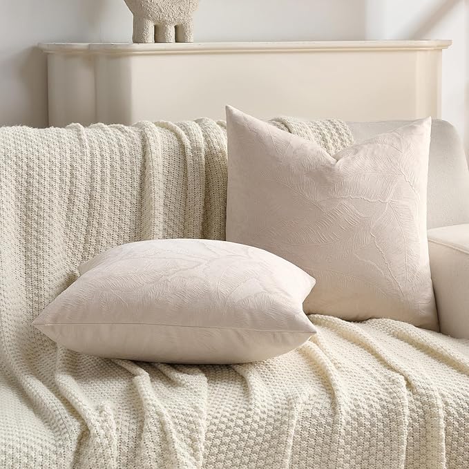 FUTEI Beige Velvet Throw Pillow Covers 20x20 Inch Set of 2,Soft Embossed Leaf-Relief Textured Cushion Cases,Natural Home Decor for Couch Living Room