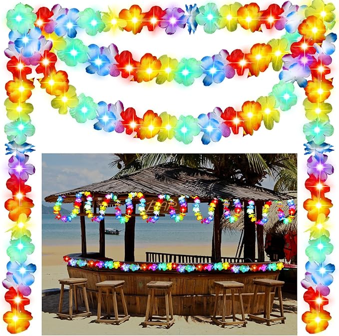 35.43ft Light up Hawaiian Flower Lei Garland Tropical Hawaiian Garland LED Lighted Luau Party Flower Banner for Luau Summer Beach Party Decorations
