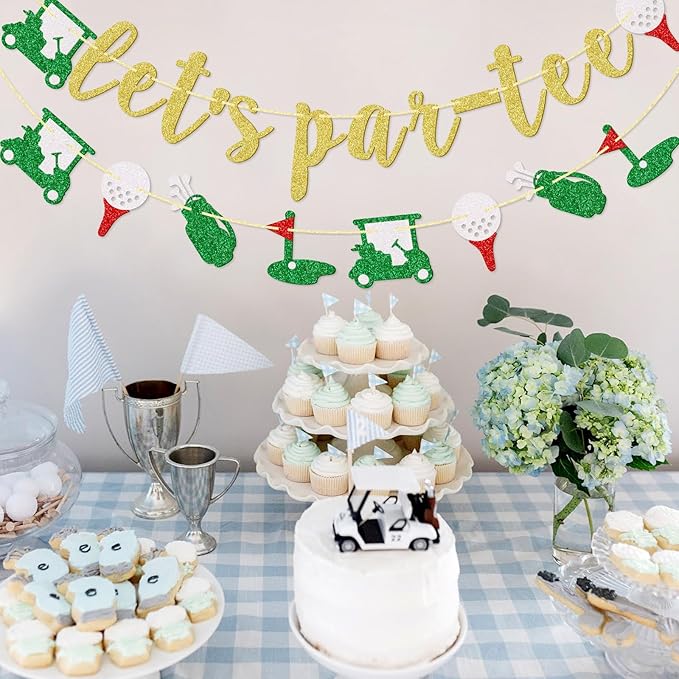 Little Man Let's Par-Tee Banner, Golf Themed Birthday Banner, Retirement Party Decor for Golf Lover, Golf Party Decorations, Gold Glitter