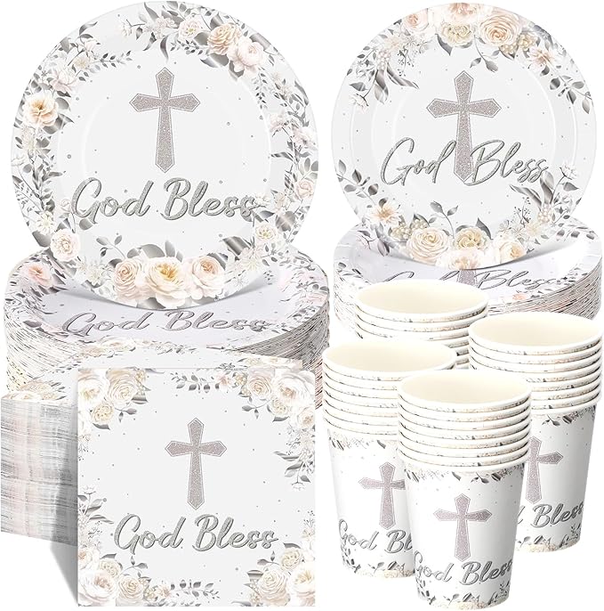 Pickmesh 250 Pcs Silver God Bless Baptism Tableware Set First Holy Communion Baptism Disposable Cross Floral Paper Plates Napkins and Cups for Christening Celebration Baby Shower Religious Supplies
