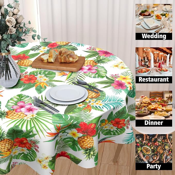 Summer Tropical Pineapple Round Tablecloth 70 Inch Green Hawaiian Palm Leaf Circle Table Cloth Floral Table Cover Washable Polyester Decorations for Kitchen Dinning Room Party