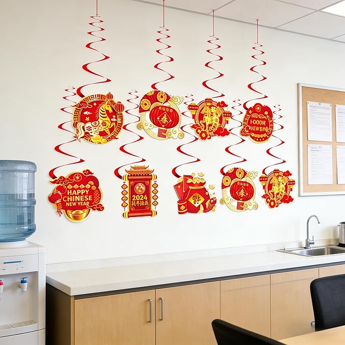 KYMY 2026 Chinese New Year Hanging Swirls Decorations Kit, 24pcs Spring Festival Lunar New Year Streamers & Cutouts for Zodiac Horse Oriental Asian New Year Home Office Party Supplies
