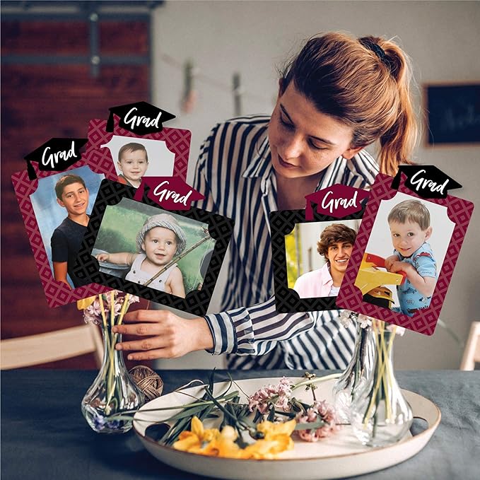 Big Dot of Happiness Maroon Grad Graduation Photo Display Centerpiece Kit - 15 Double-Sided Photo Table Topper Sticks, Vertical and Horizontal 4x6 Picture Holders, DIY Party Decoration Set