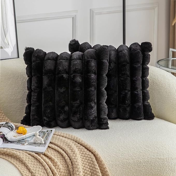Neelvin Black Faux Fur Cozy Soft Plaid Decorative Throw Pillow Covers 18x18 inch Set of 2,Velvet Pillowcase Cushion Case for Sofa Couch