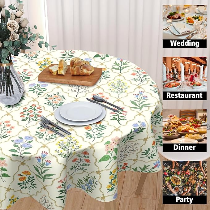 Spring Floral Round Tablecloth Wildflower Circle Table Cloth 70 Inch Beige Vintage Rustic Farmhouse Table Cover Washable Polyester Indoor for Home Kitchen Dinning Party Decor