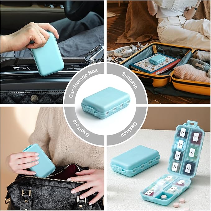 3 Pack, 14 GRIDS Travel Pill Organizer Box with Labels - Travel Medicine Case Kit - Pocket Daily Pharmacy Container - Travel Medication Holder Dispenser for Fish Oil Vitamin Supplement Storage