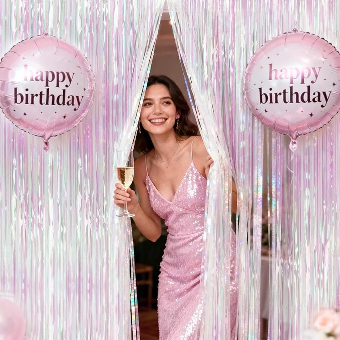 jijAcraft 3 Pack Iridescent Pink Tinsel Foil Fringe Curtain, Party Photo Backdrop, Holographic Pink for Mermaid Party Birthday Graduation Engagement Bridal Shower Bachelorette Baby Shower Decor