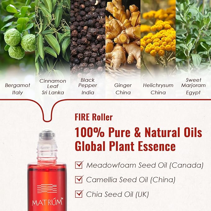 MATRUM 100% Pure Blend Essential Oil Roll On, Best Companion Study and Work Aromatherapy Oil for Focus, Calming and Muscle Relax, Fire and Metal Roller Set, 1 Fl Oz