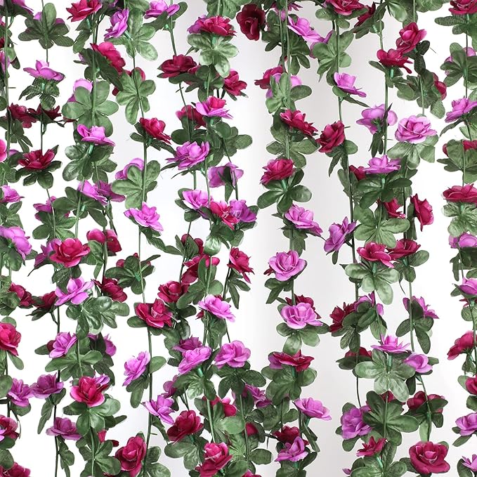 MARTINE MALL Flower Garland - Rose Vines, 8 Strands 66Ft for Bedroom, Purple Rose Floral Garland for Room Table Birthday Wedding Party Garden Wall Decor