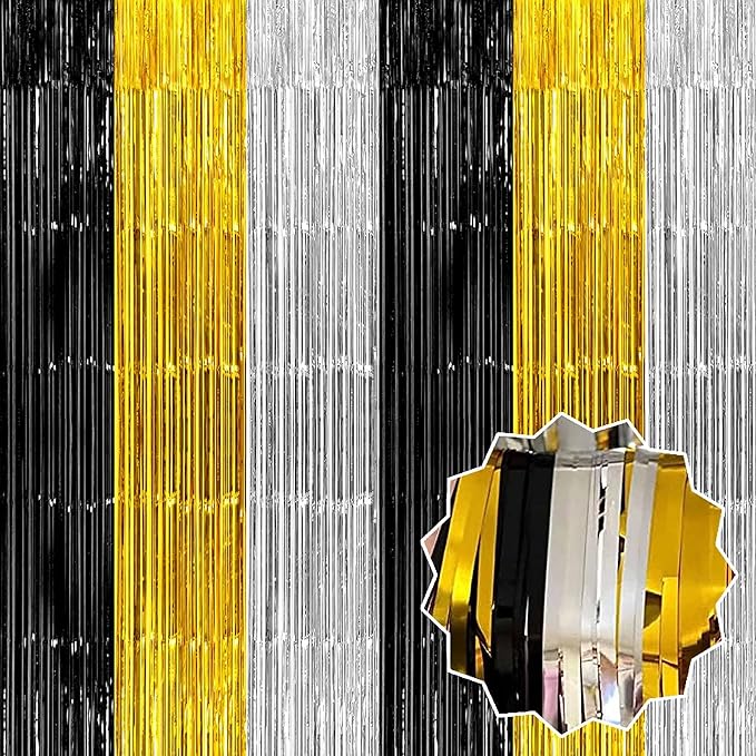 6 Pack Black Gold Silver Foil Fringe Curtains Backdrop, 3.28 x 9.8 Ft Metallic Streamers Tinsel Curtains Background for Photo Booth, Birthday, Halloween, Christmas, New Year Party Decorations