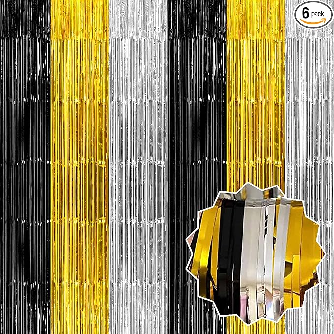 6 Pack Black Gold Silver Foil Fringe Curtains Backdrop, 3.28 x 8.2 Ft Metallic Streamers Tinsel Curtains Background for Photo Booth, Birthday, Christmas, Halloween, New Year Party Decorations