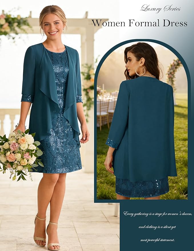 GRACE KARIN Women's Sequin Dress - Wedding Guest & Mother of The Bride Formal Dress - Two Piece Knee Length