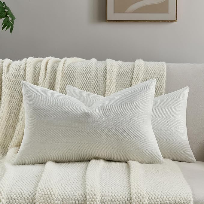 FUTEI Cream White Chenille Throw Pillow Covers 12x20 Inch Set of 2,Soft Wide Chevron Textured Lumbar Pillow Cases,Farmhouse Home Decor for Couch Bed Living Room