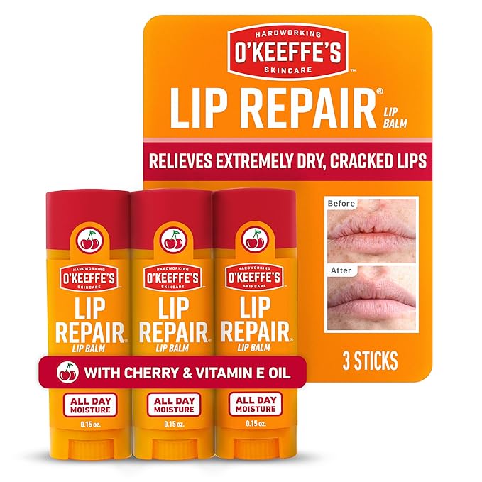 O'Keeffe's Lip Repair Lip Balm with Cherry & Vitamin E Oil - Stick (3 Pack) - Moisturizer for Extremely Cracked, Dry Lips
