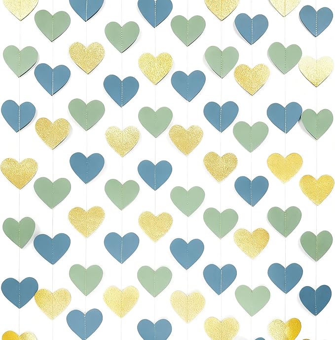 Sage Green Dusty Blue Gold Heart Party Decorations Gold Glitter Paper Dusty Green Blue Love Heart Hanging Garland Streamer Banner for Silly Goose Birthday Baby Shower Valentines Day Anniversary Party