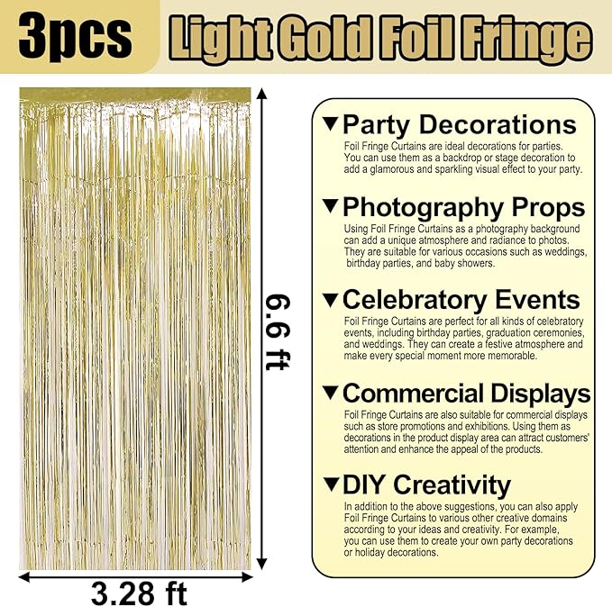 3 Pack Light Gold Foil Fringe Curtain Backdrop, 3.28Ft x 6.6Ft Metallic Tinsel Foil Fringe Streamer Curtains for Photo Booth, Christmas Day, Thanksgiving, Wedding, New Year Party Decorations