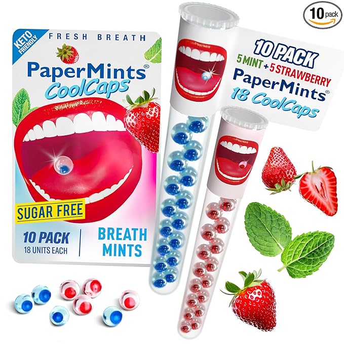 PaperMints CoolCaps Instant Fresh Breath Mints Sugar-Free Breath Freshener, Chronic bad breath treatment for adults, Dry Mouth product. Variety pack - 10 Tubes of 18 capsules