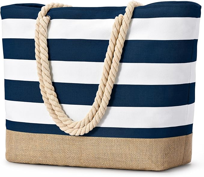 Becokan Beach Bags for Women Large Canvas Beach Tote Bag Beach Bags Waterproof Sandproof Swim Pool Bag Travel Essentials