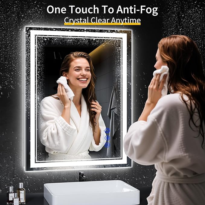 36"x28" LED Bathroom Mirror with Anti-Fog, Stepless Dimmable Lights, 3 Color Modes, Shatter-Proof Tempered Glass, Memory Function & Waterproof Design