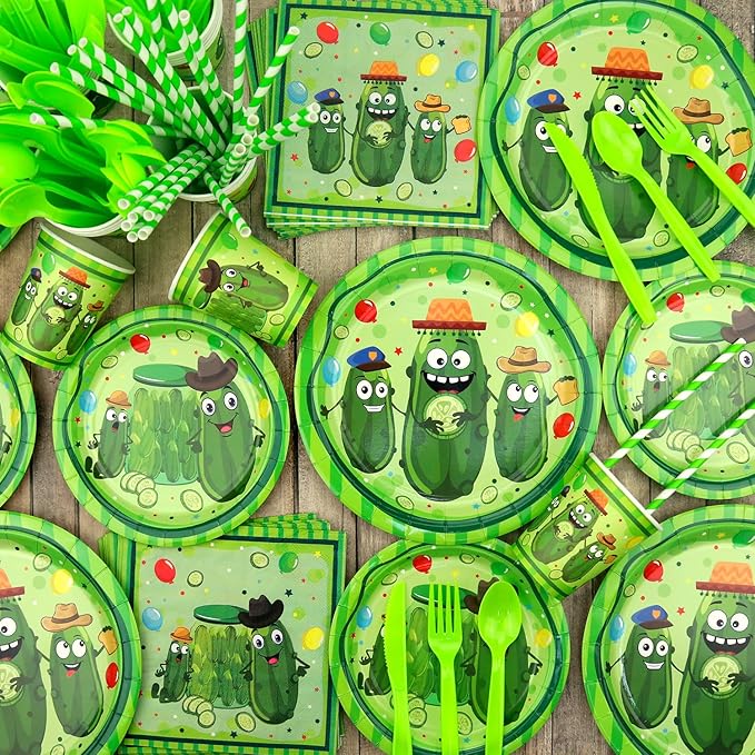 Pickle Birthday Decorations - Pickle Party Tableware, Plates Cups Napkins Pickle Party Tablecloth Happy Birthday Banner Balloons Cake Toppers for Pickle Birthday Supplie