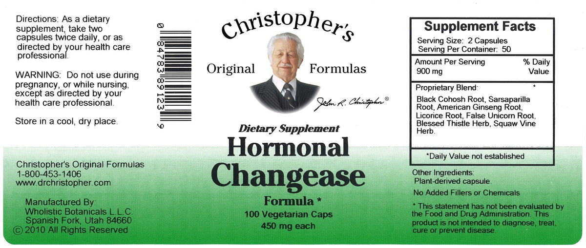 Christopher's Original Formulas Hormonal Changease Formula – 450 mg – 100 Vegetarian Capsules – Herbal Menopause Support
