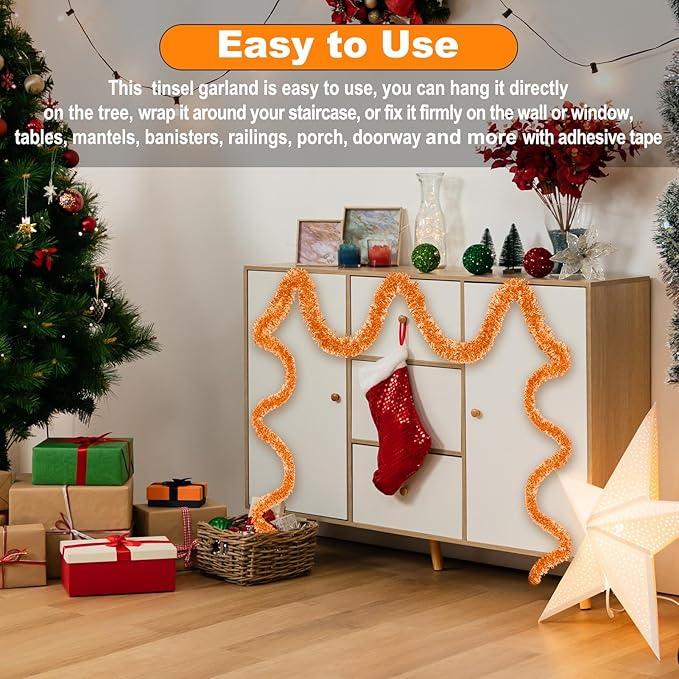 50 Feet Macaron Orange Christmas Tinsel Garland, Metallic Foil Twist Garland Wall Hanging Tinsel Banner Backdrop for Parade Floats, Easter, Mother's Day, Wedding Party Decorations (2in x 50ft)