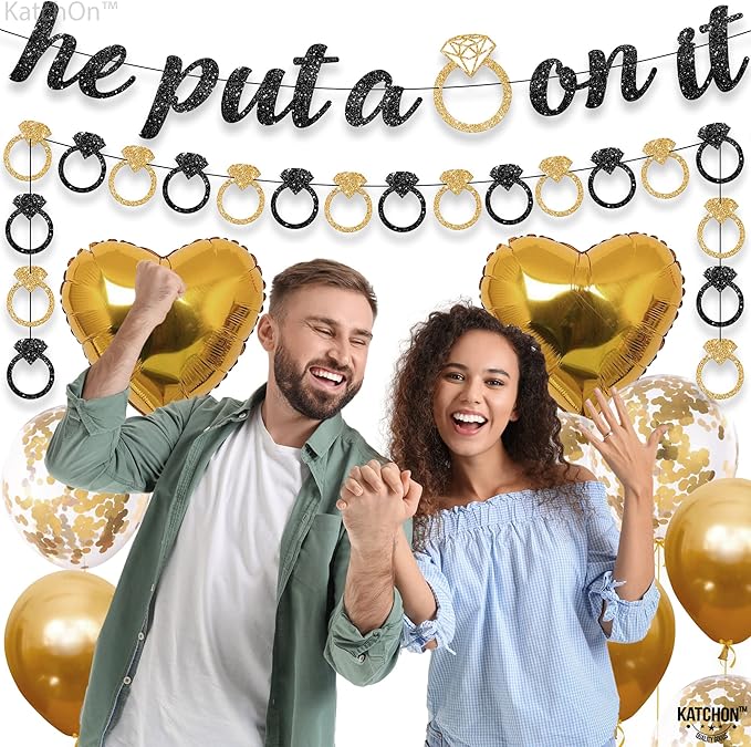 KatchOn, He Put a Ring On It Banner - 10 Feet, No DIY | Black and Gold Engagement Party Decorations | He Put A Ring On It Sign for Bachelorette Party Decorations, Bridal Shower Decorations