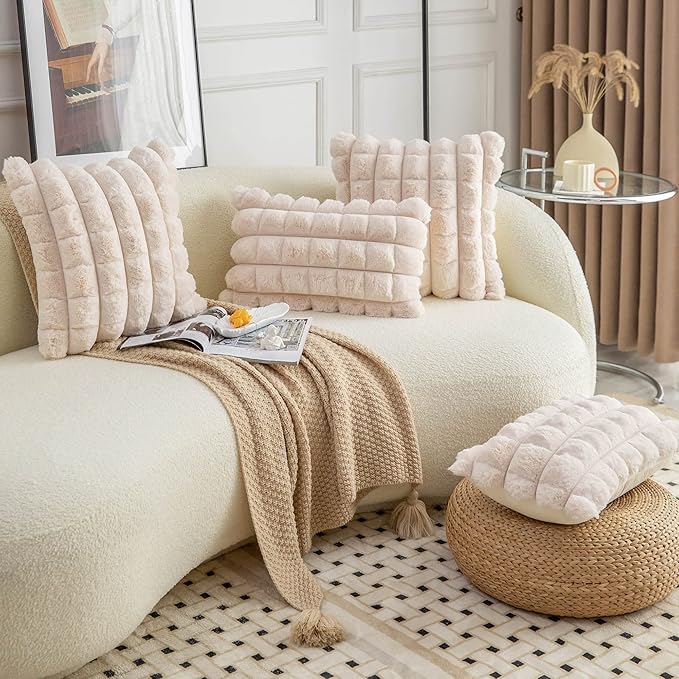 Neelvin Beige Faux Fur Cozy Soft Plaid Decorative Throw Pillow Covers 12x20 inch Set of 2,Velvet Pillowcase Cushion Case for Sofa Couch