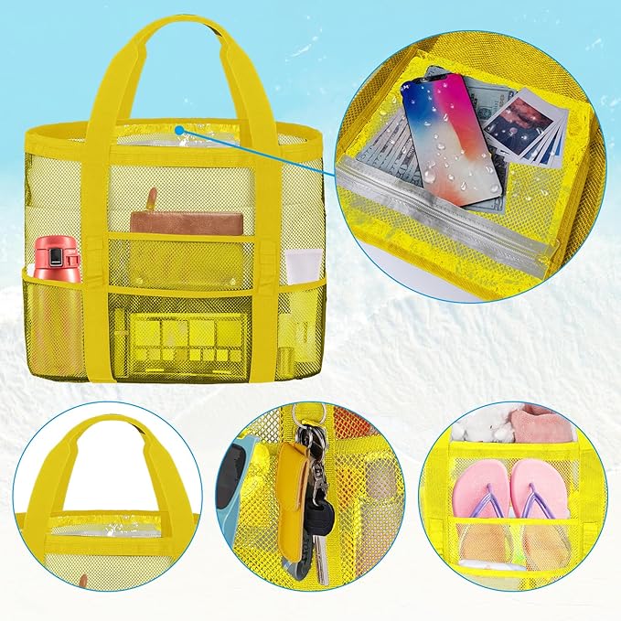 Mesh Beach Bags for Family - Women Beach Tote Bag for Toys, Towels, Travel Vacation Cruise Essentials