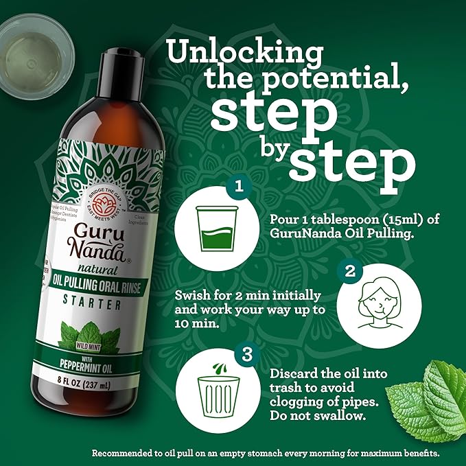 GuruNanda Starter Pulling Oil Mouthwash for Natural Teeth Whitening, Coconut and Peppermint Oil for Fresh Breath & Happy Gums, with Toothbrush & Tongue Scraper, Alcohol-Free, 8 Oz