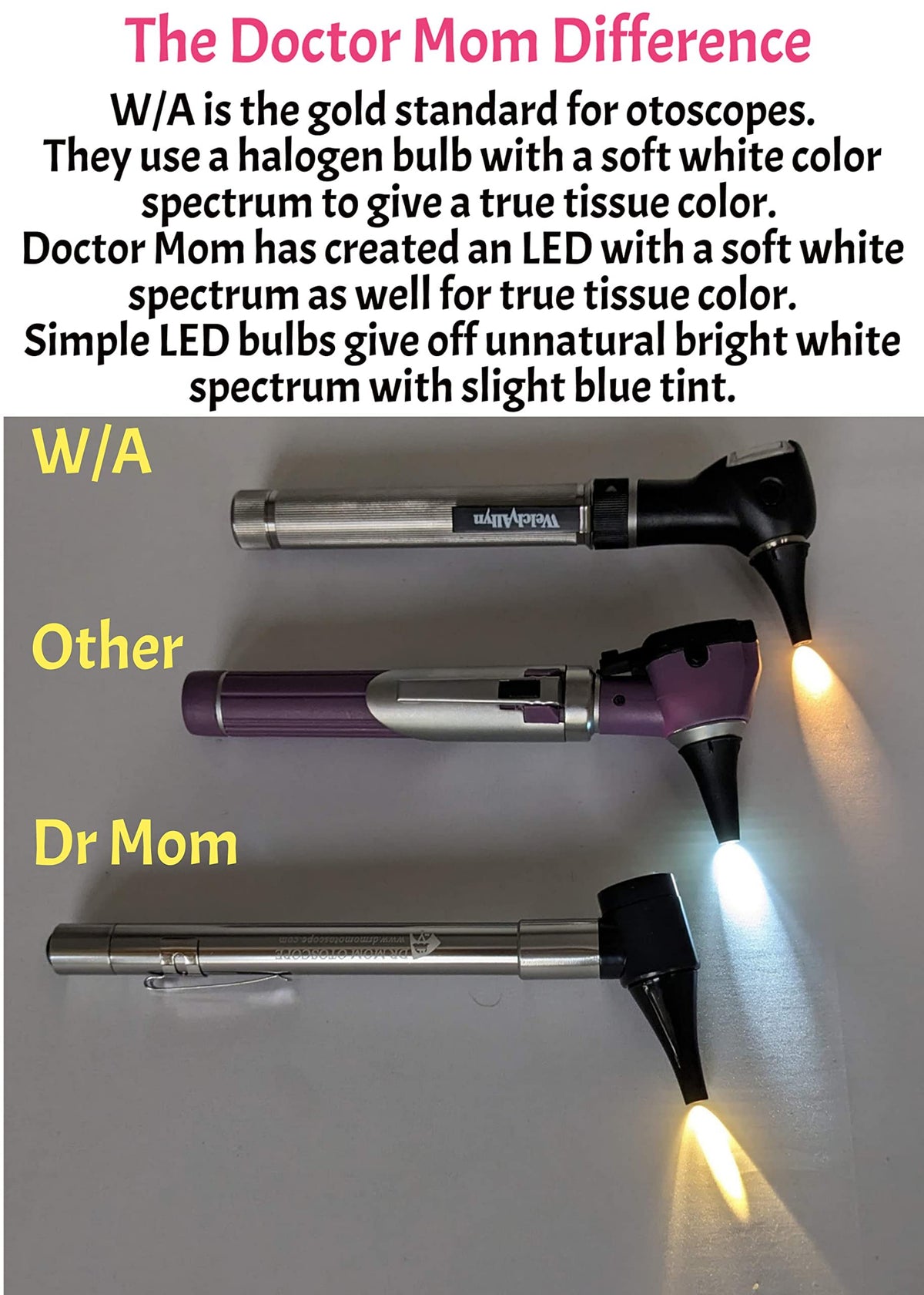 Third Generation Dr Mom Slimline Stainless LED Pocket Otoscope with Soft White Natural Hue Light Spectrum in Clamshell Packaging