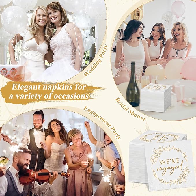 Kosiz 200 Pack We're Engaged Napkins Gift 3 Ply Disposable Paper Engagement Cocktail Napkins for Wedding Party Beverage Dinners Cake Tableware Decorations, 4.5 x 4.5 Inch