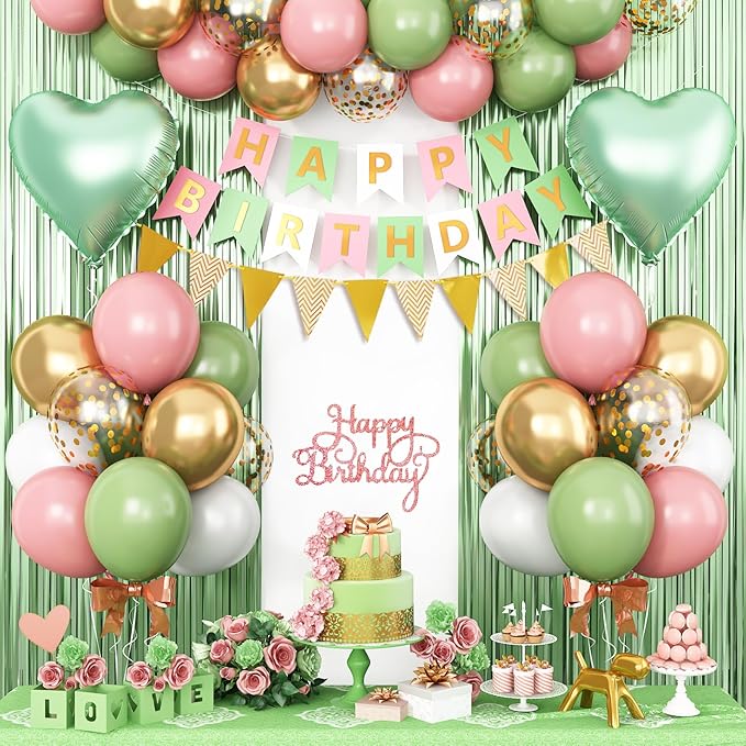Sage Green Pink Birthday Decorations,Happy Birthday Banner Olive Green Retro Pink Balloons Fringe Curtain Heart Foil Balloons for Women Girl Boys Baby Shower