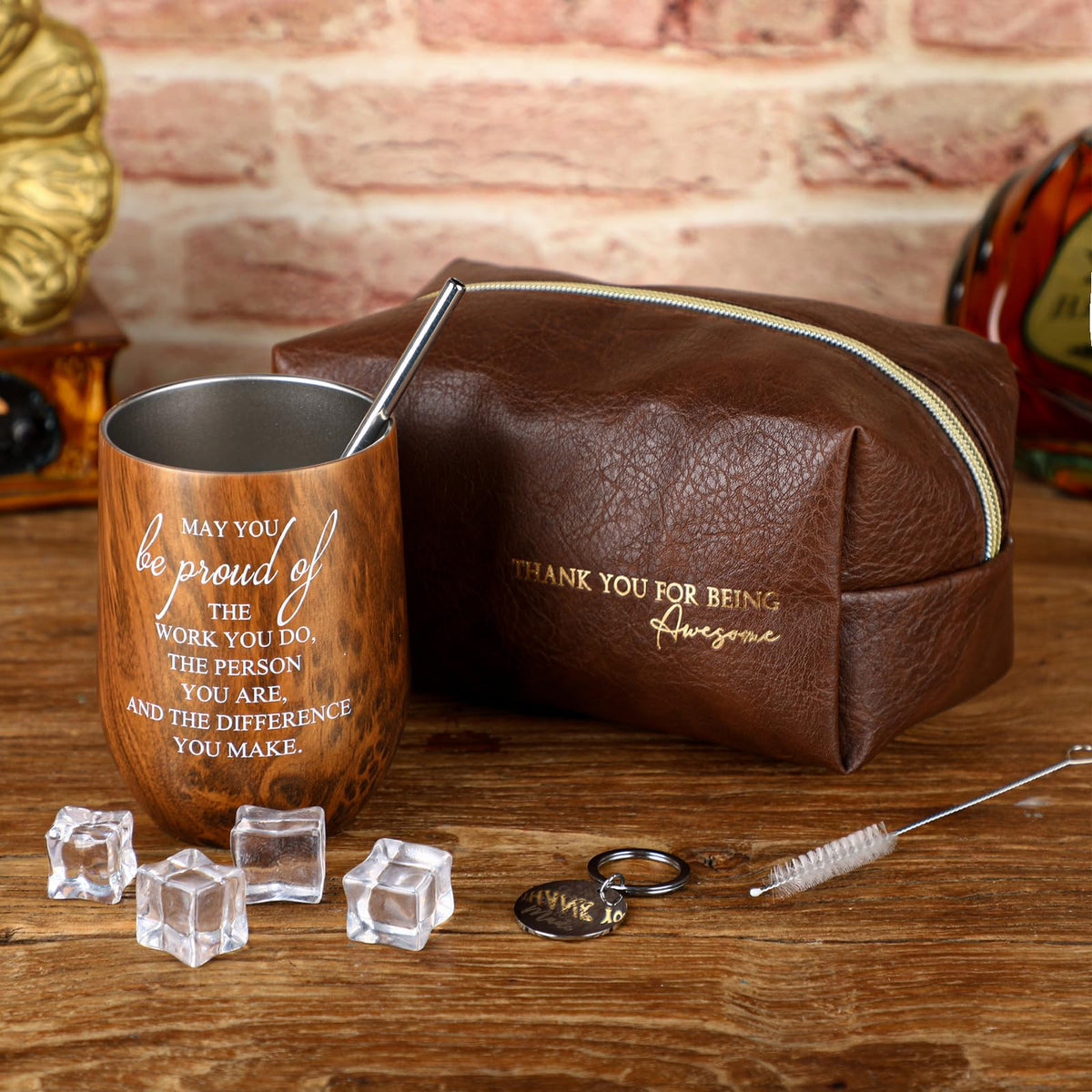 Dandat Set of 3 Male Teacher Appreciation Gifts Travel Leather Toiletry Bag 12oz Stainless Steel Tumbler with Keychain for Coworker Principal Male Nurses Employee Staff