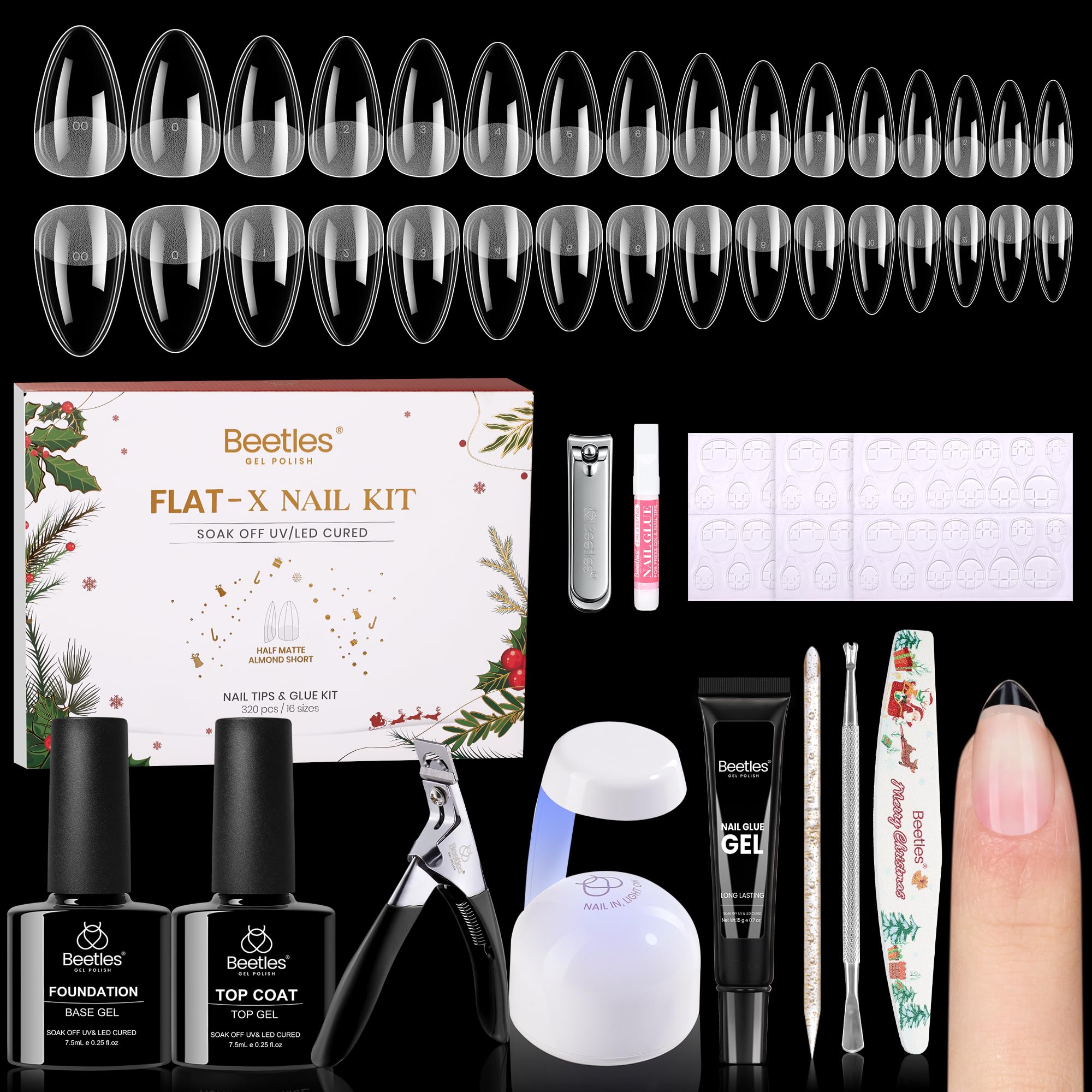 Beetles Gel Nail Kit Flat-X, Almond Short, 320pcs 16 Sizes, with 15g Hands-free Solid Nail Glue Gel, Mini Lamp, Christmas Limited Set, Pre-Etched Half Matte Nail Extension Set for Home DIY