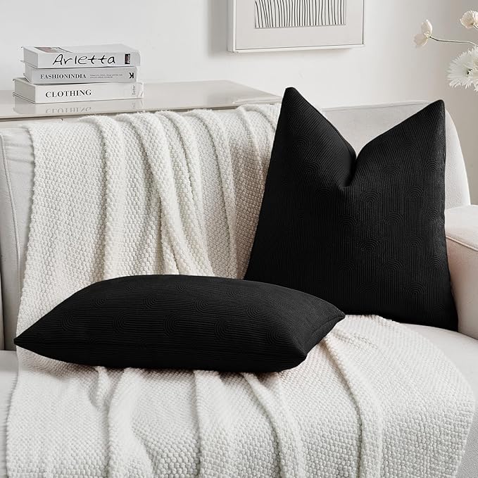 FUTEI Black Chenille Decorative Throw Pillow Covers 22x22 Inch Set of 2,Soft Cozy Striped Geometric Patterns Cushion Cases,Modern Home Decor for Couch Bed Living Room