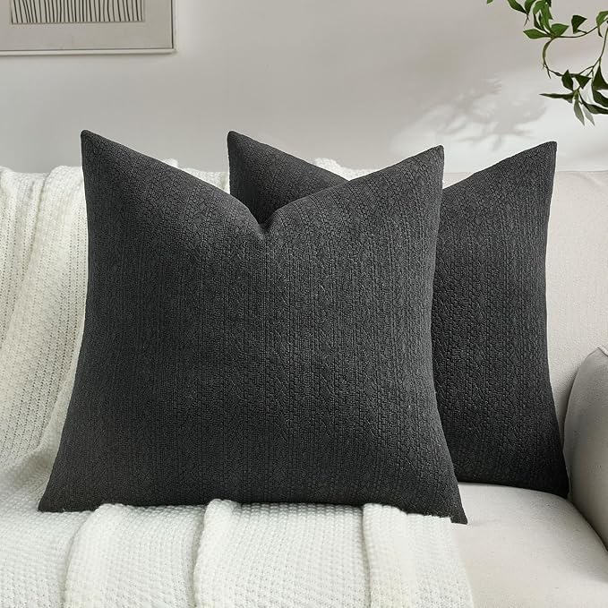 FUTEI Black Chenille Throw Pillow Covers 24x24 Inch Set of 2,Soft Striped & Diamond Textured European Cushion Cases,Modern Home Decor for Couch Living Room
